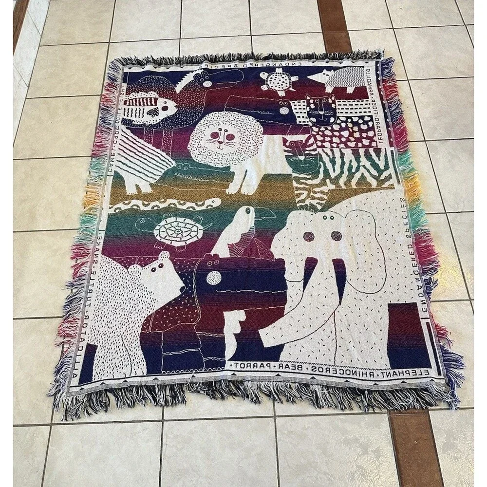 VTG Crown Crafts Woven Throw Blanket Tapestry Rainbow Endangered Species Animals